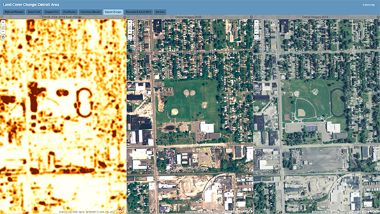 view of story map page showing focal change indicator, 2005 imagery, and 2014 imagery arranged side-by-side